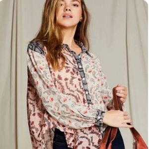 Free People Dani Pink and Black Paisley And Snake Print Blouse